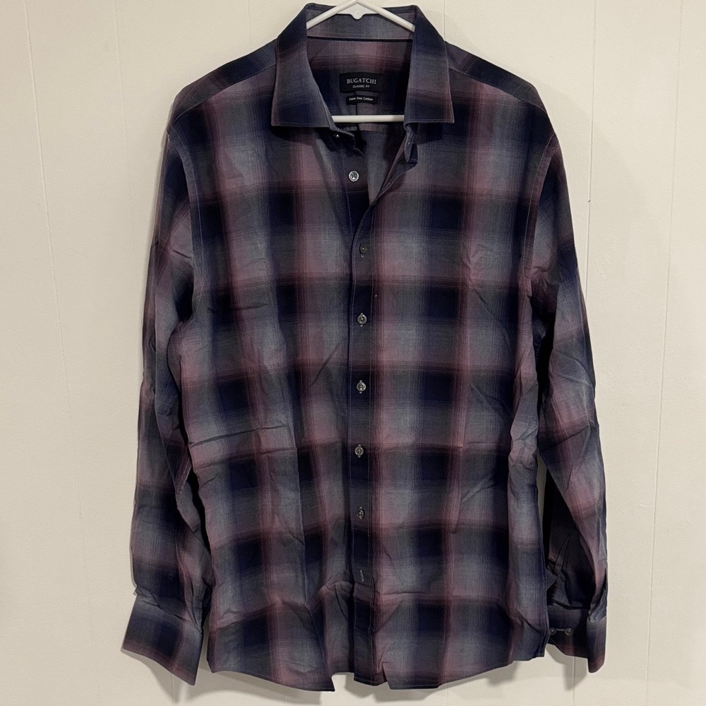 Bugatchi Men's Navy and Pink Plaid Shirt